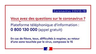 Affiche "vous avez des questions sur le coronavirus ? Plateforme téléphonique d'information : 0 800 130 000 (appel gratuit)" .